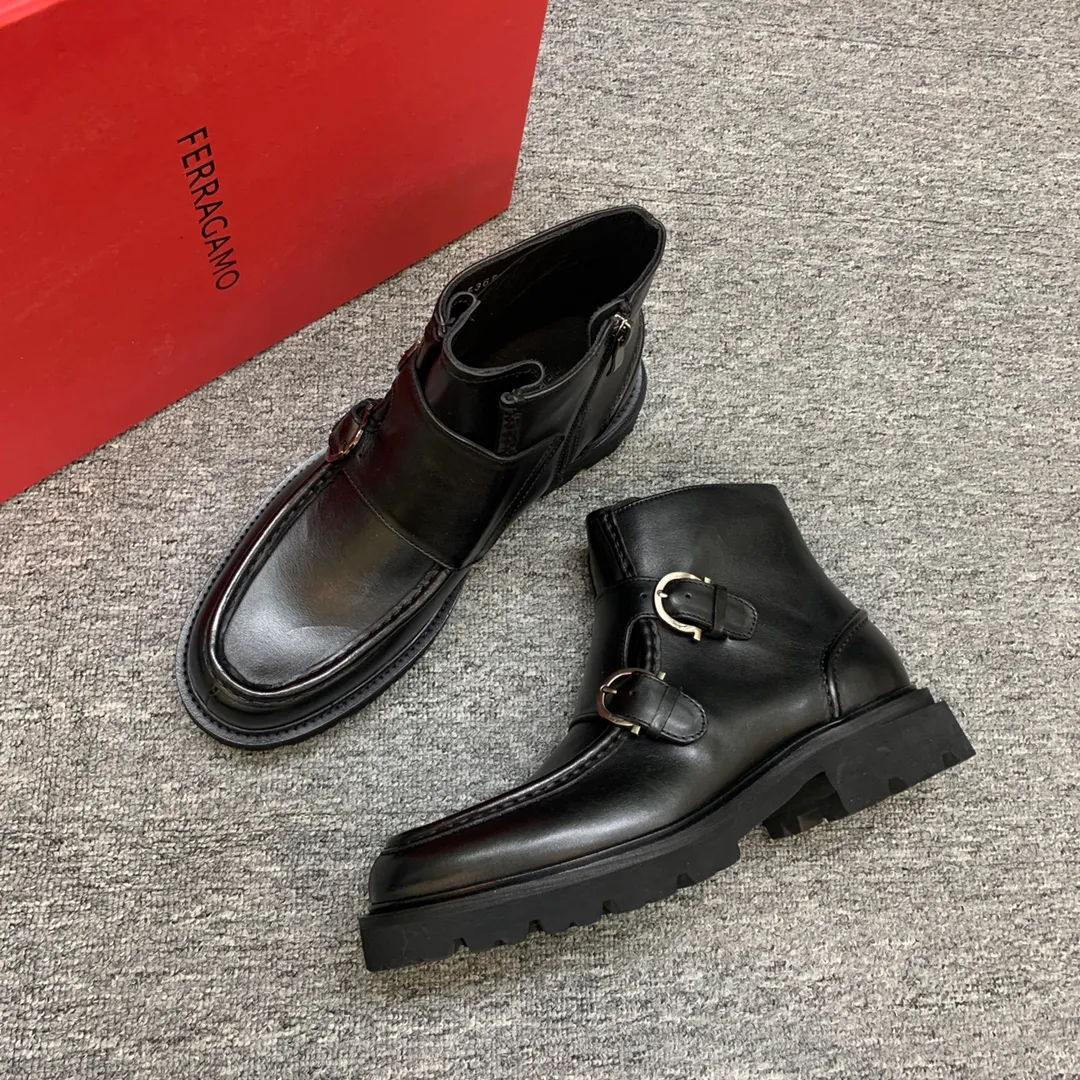 Men's shoes 💰960 🎁🎁🎁😈[Ferragamo] Men's high-top boots, the latest hot style, 1:1 original purchase quality, top quality, imported cowhide for the uppers, imported cowhide for the lining and feet, with original lightweight foam outsole, matching code 39-44, (38, 45 custom-made, non-refundable)